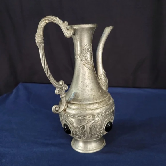 Vintage Pewter Ornate Pitcher with Inset Stones - Picture 4 of 12